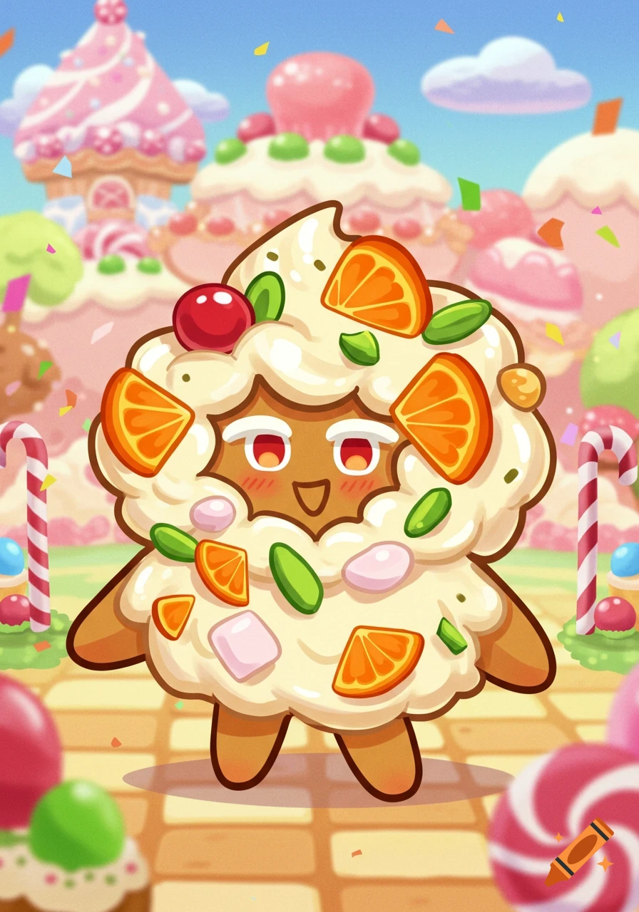 A cute ambrosia salad cookie character in a fantasy candy land setting, drawn in the Cookie Run Kingdom style.