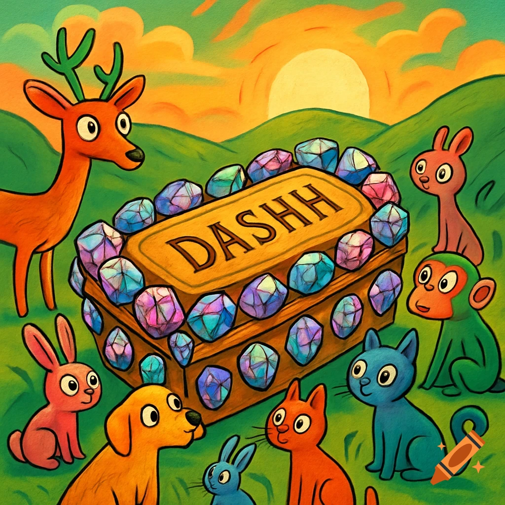 A colorful cartoon image of a gem-covered casket labeled "DASHH" on a green hillside at sunset, surrounded by various cartoon animals including a deer, rabbits, dogs, cats, and monkeys.