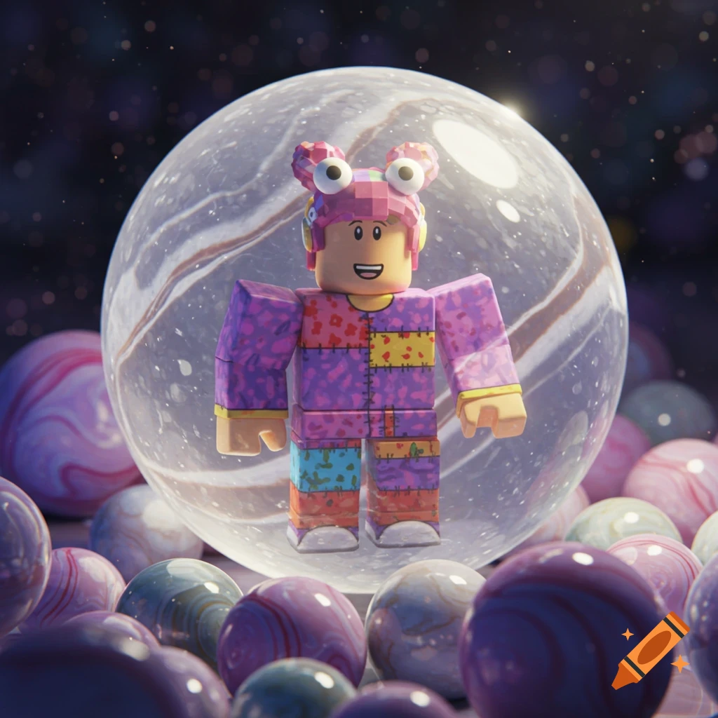 A Roblox character wearing a colorful, patched outfit and a pink hat with googly eyes, smiling inside a large clear marble surrounded by many smaller, colorful marbles.