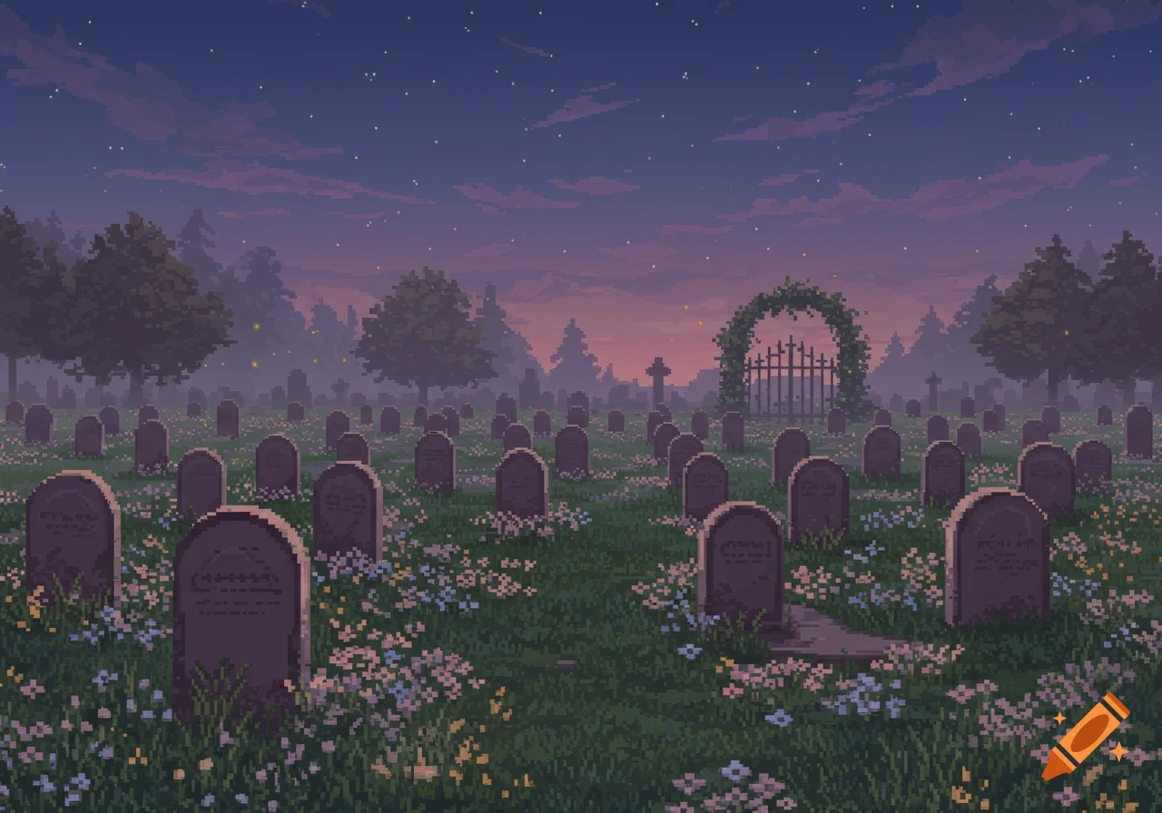 A pixel art depiction of a graveyard at dusk with numerous gravestones, grass, flowers, trees, and a gate under a starry purple sky.