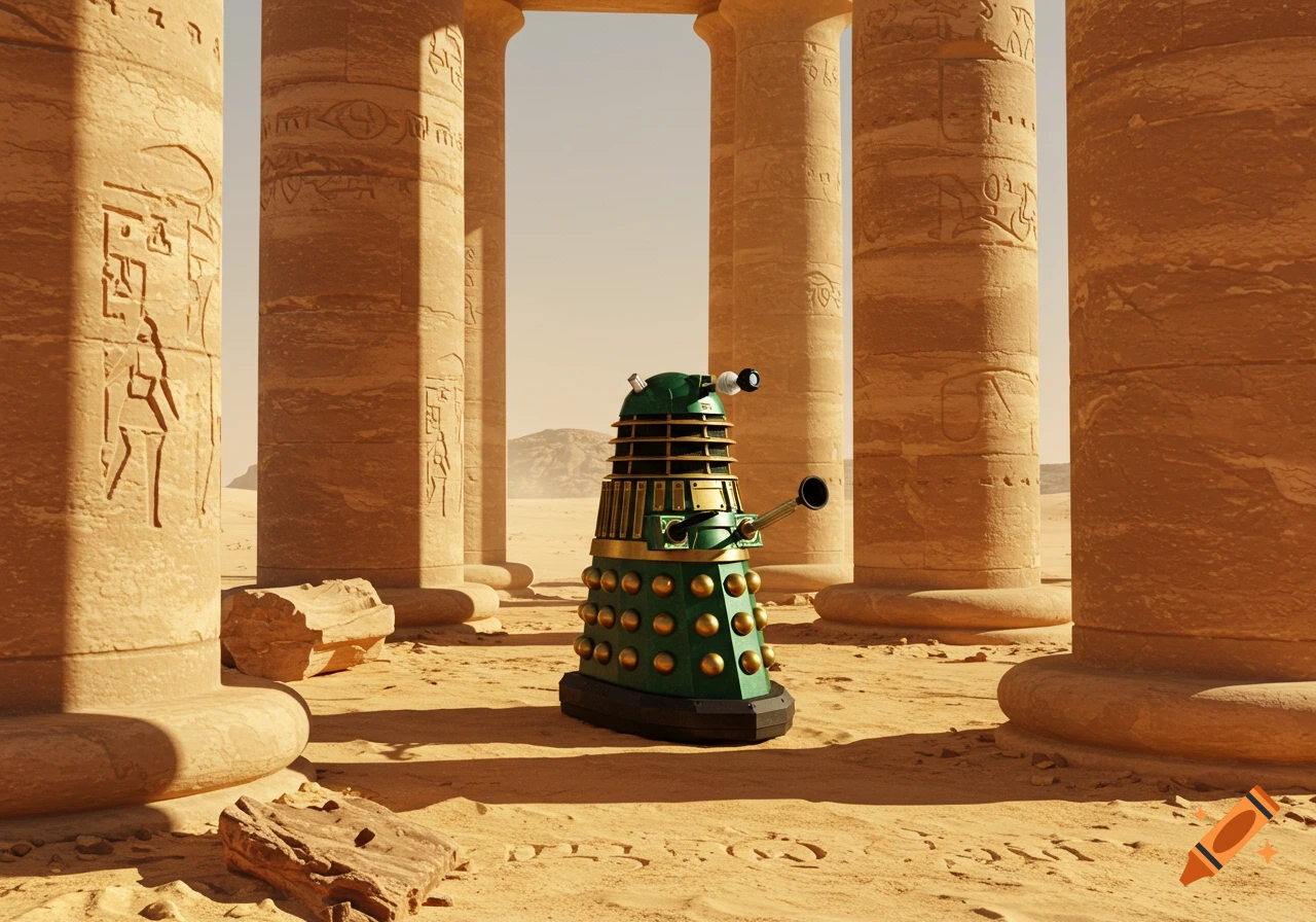 A metallic emerald green Dalek stands amidst ancient sandstone pillars with hieroglyphs in a desert setting under a bright sun.