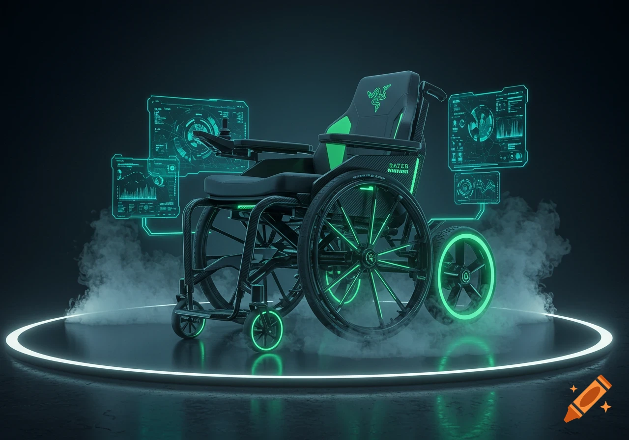 A futuristic black and green Razer gaming wheelchair with glowing neon accents, surrounded by smoke on a circular light platform.