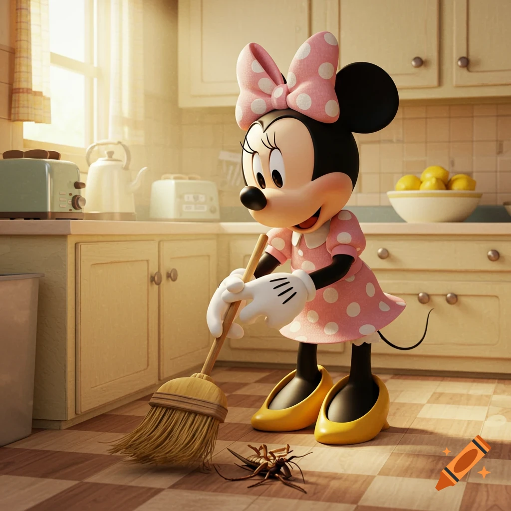 Minnie Mouse in a pink polka dot dress sweeping a cockroach on a checkered kitchen floor with sunlight streaming in.