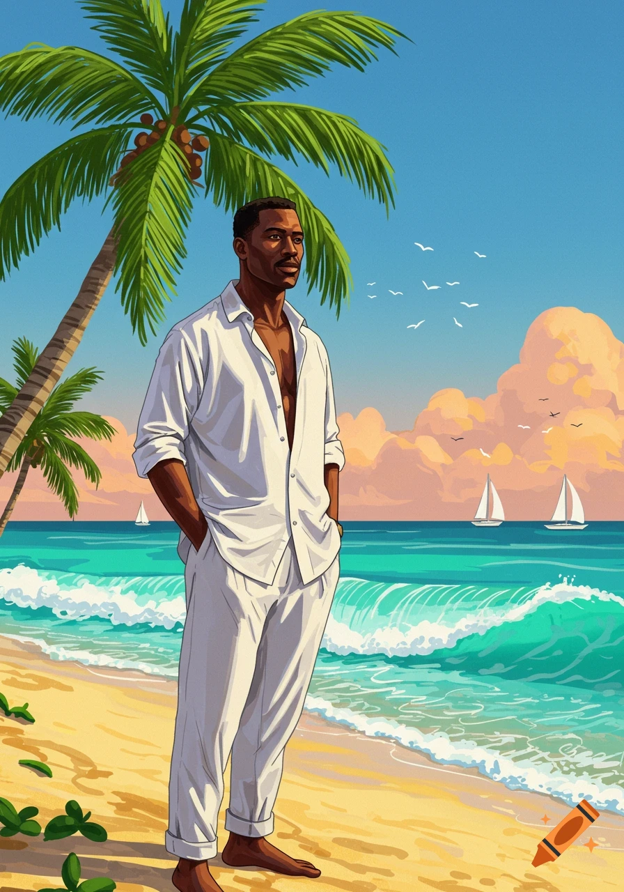 A Black man in a white linen shirt and pants stands barefoot on a tropical beach with palm trees and turquoise water.