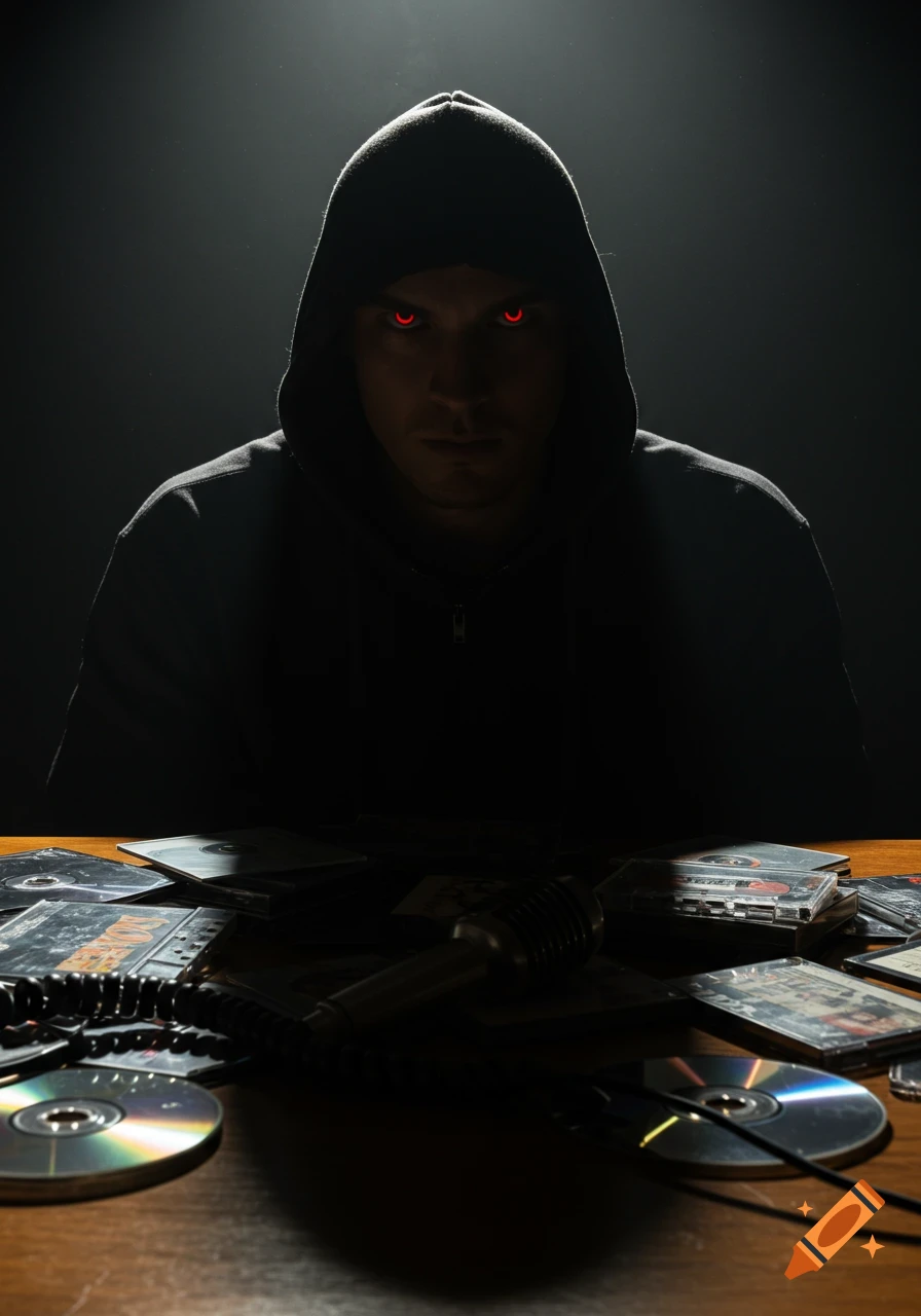 A person in a dark hooded sweatshirt with glowing red eyes sits in shadow at a table covered with music CDs, cassettes, and a microphone.