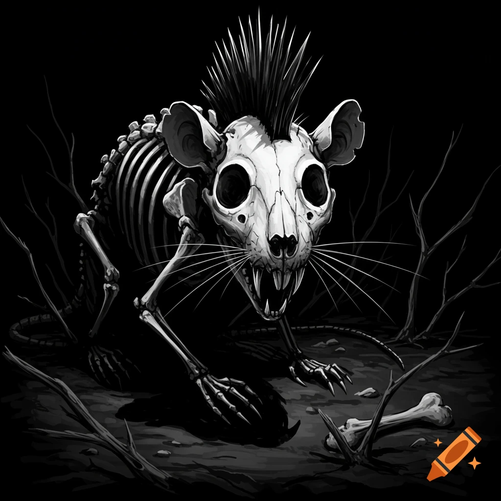 A black and white illustration of a skeleton rat with a spiky mohawk, crouched and snarling with sharp fangs.