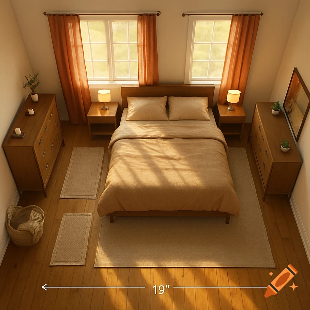 A top-down, photorealistic view of a well-arranged bedroom with a bed, two nightstands, two dressers, and rugs on a wooden floor, with windows and sunlit curtains.
