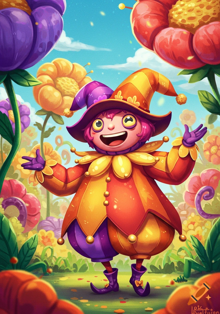 A happy cartoon jester character with pink hair and a colorful costume stands in a whimsical garden surrounded by giant, vibrant flowers under a blue sky.