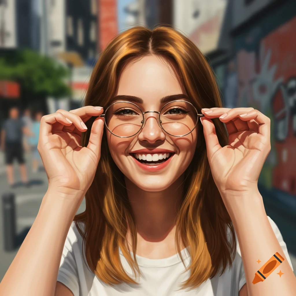 A smiling young woman with light brown hair holds her circular glasses, standing in front of a blurred city street.