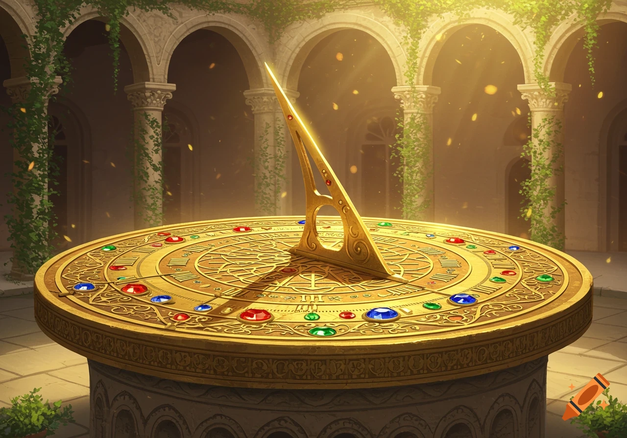 An ornate golden sundial adorned with colorful gems sits in a sunlit ancient stone courtyard with arches and climbing vines.