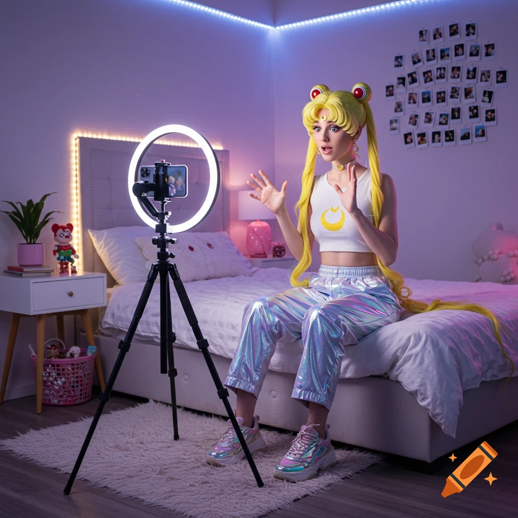 A woman dressed as Sailor Moon with long blonde pigtails and shiny pants sits on a bed in a purple-lit room, recording a video with a ring light.