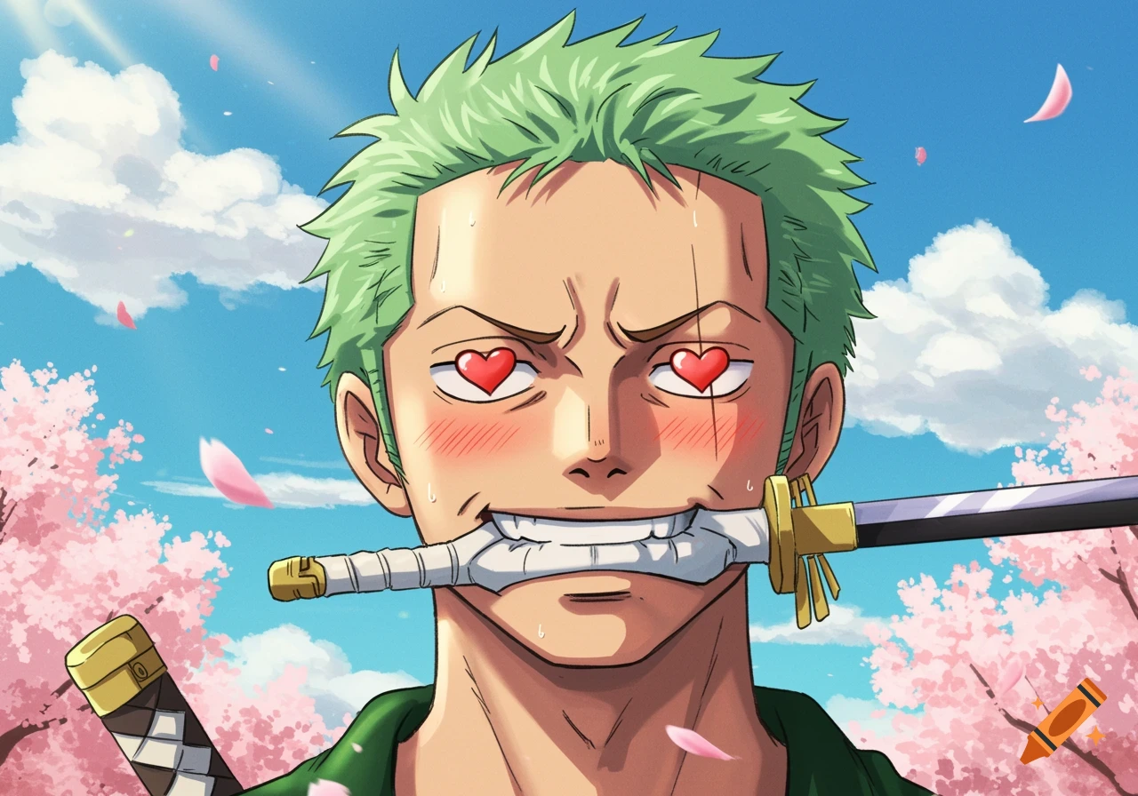 Anime illustration of Zoro from One Piece with hearts in his eyes and a sword in his mouth, surrounded by cherry blossoms under a blue sky.