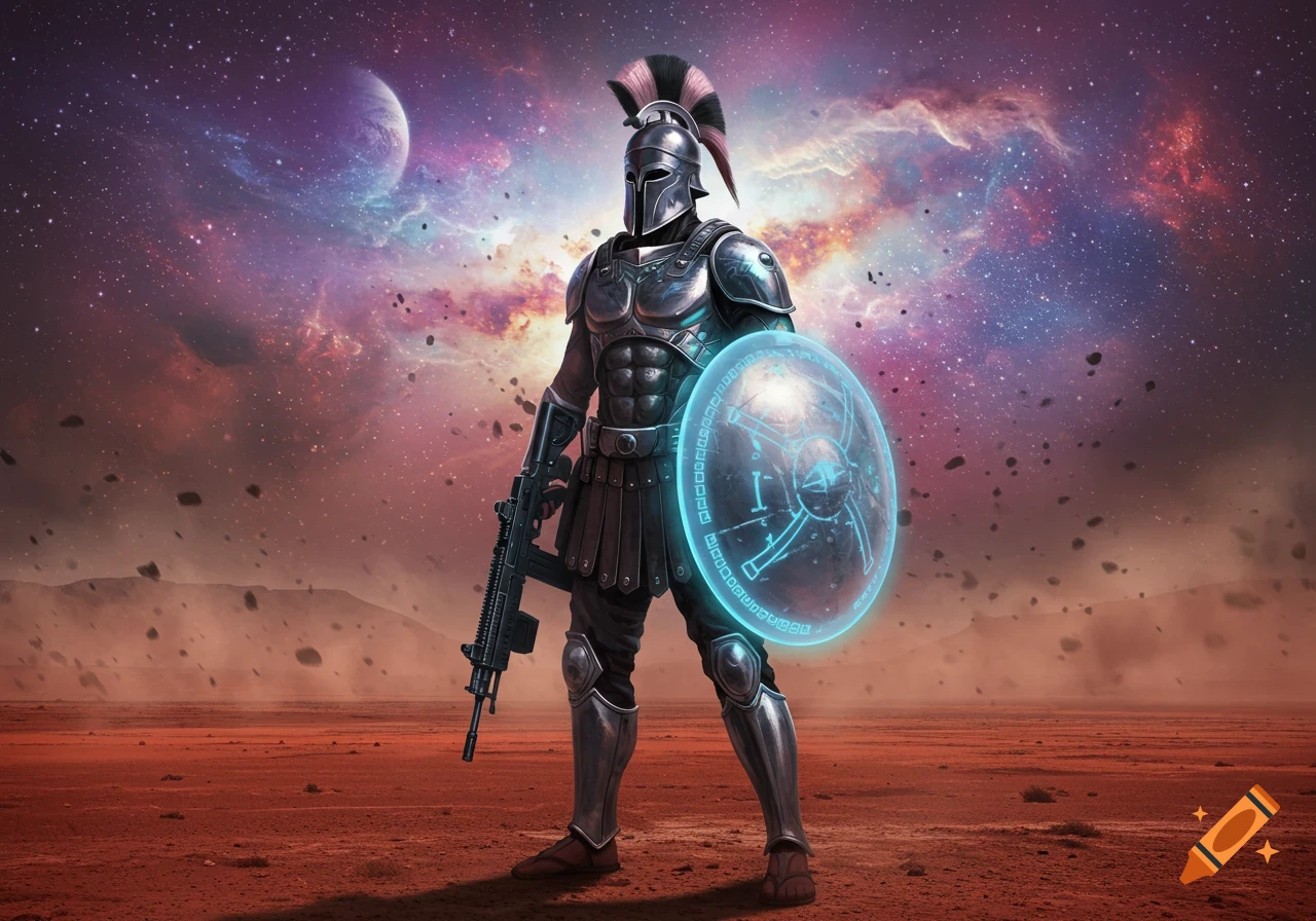A futuristic warrior in black armor and a crested helmet stands on a red planet under a starry sky, holding an assault rifle and a glowing blue shield.