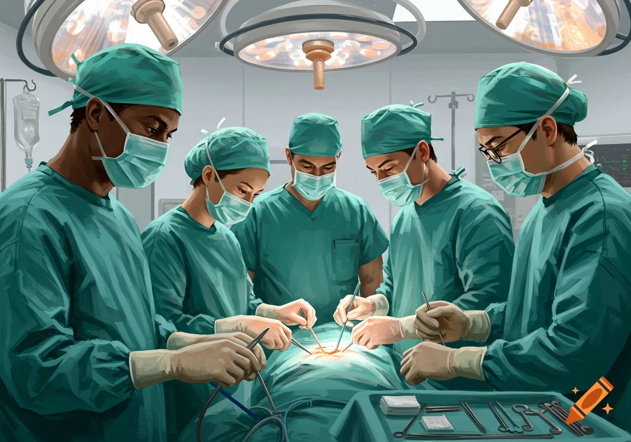 A team of diverse surgeons in teal scrubs and masks performing an operation under bright surgical lights in an operating room.