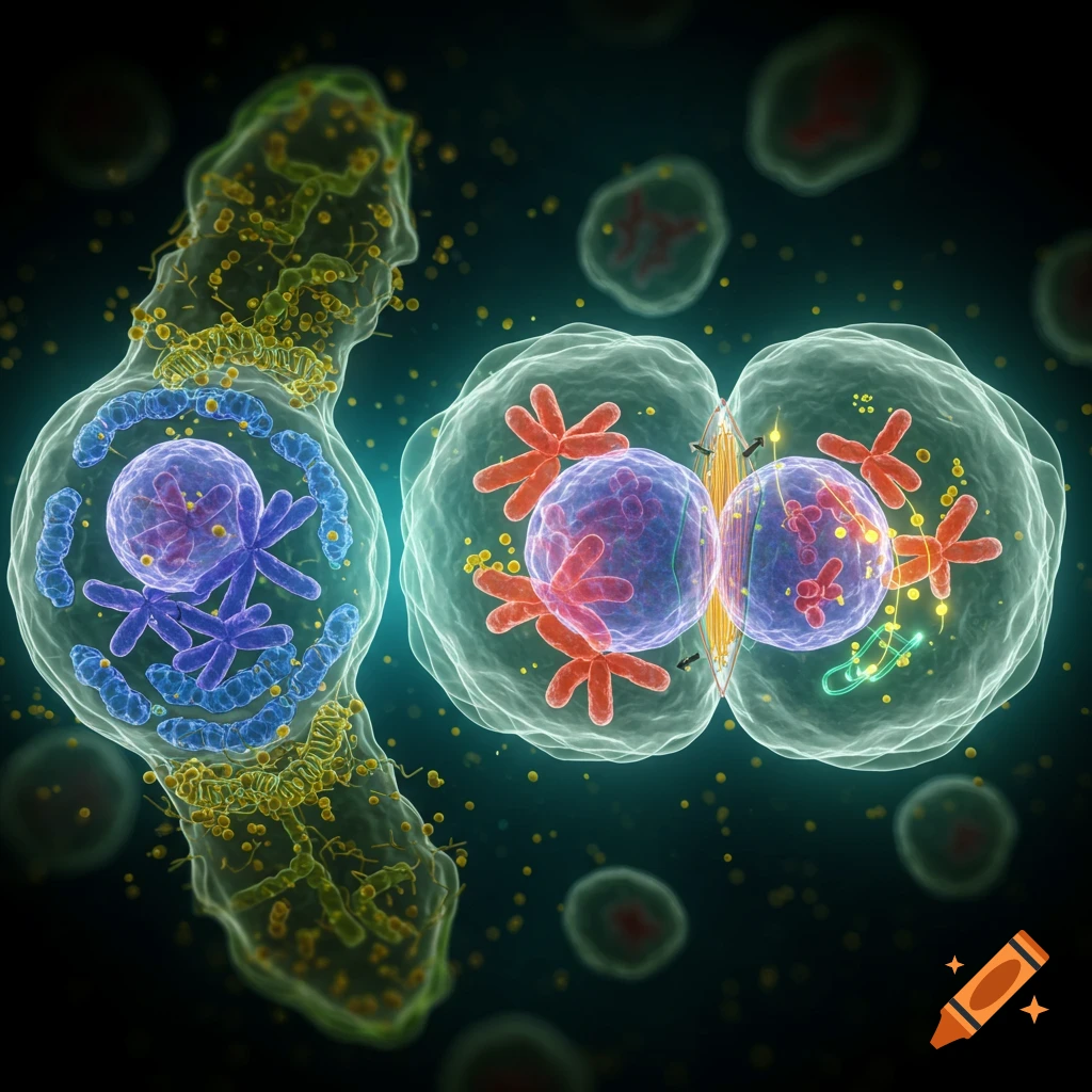 3D scientific illustration of two cells undergoing division, showing chromosomes and internal structures with glowing elements.