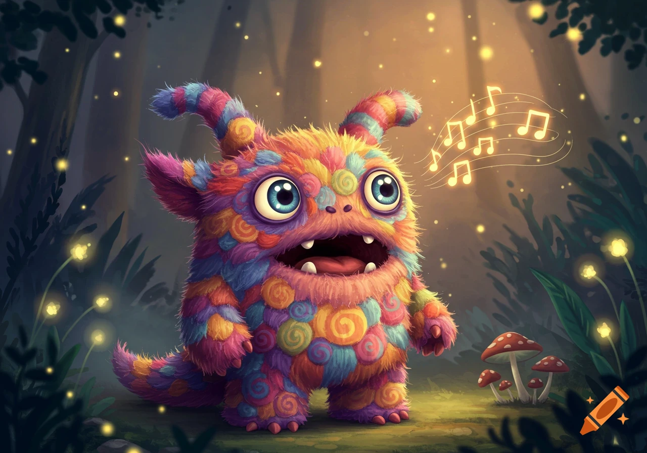 A cute, colorful, fluffy monster with large eyes sings musical notes in an enchanted forest with fireflies and mushrooms.