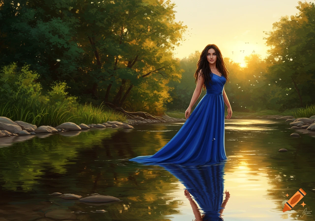 A woman in a long blue dress stands in a river surrounded by a lush forest at sunset, painted in a realistic style.