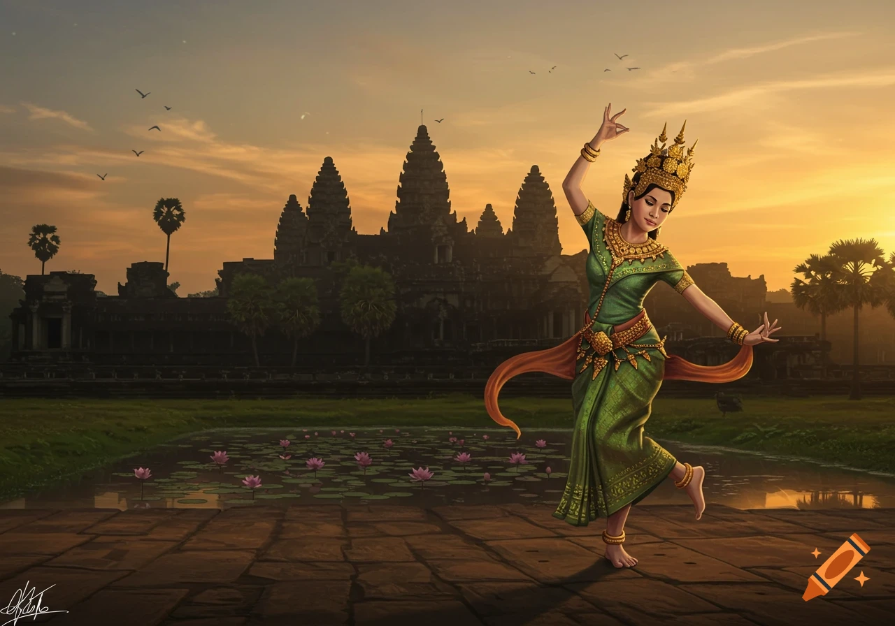 A Cambodian apsara dancer in traditional attire dances before Angkor Wat at sunset, with a lotus pond.