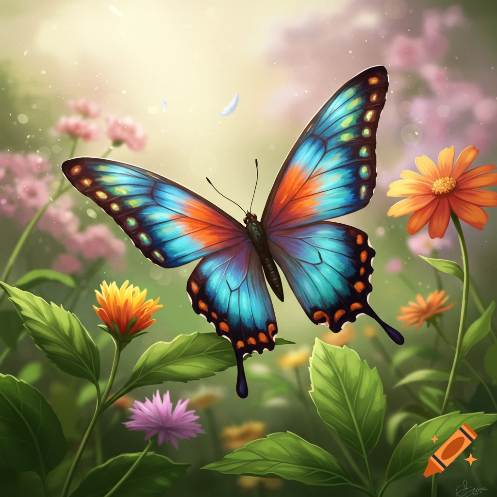 A vibrant blue and orange butterfly with black markings flies among colorful flowers in a bright garden.