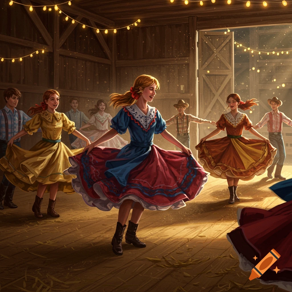 Young people square dancing in a barn lit by string lights.