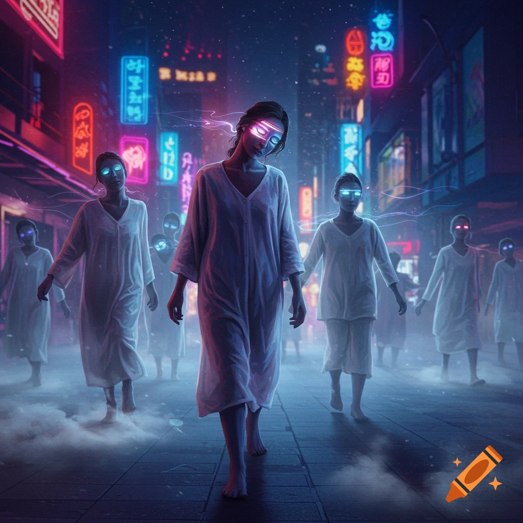 Glowing-eyed figures in white robes walk through a neon-lit futuristic city street at night.