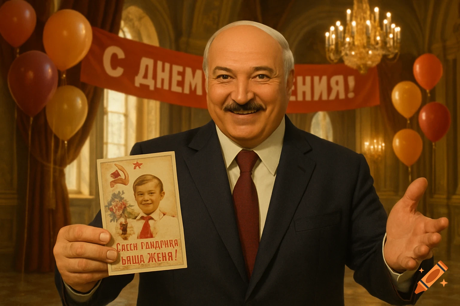 A smiling man, Lukashenko, in a suit holds up a vintage postcard depicting a young boy. A red banner with Russian text and orange balloons are in the background.