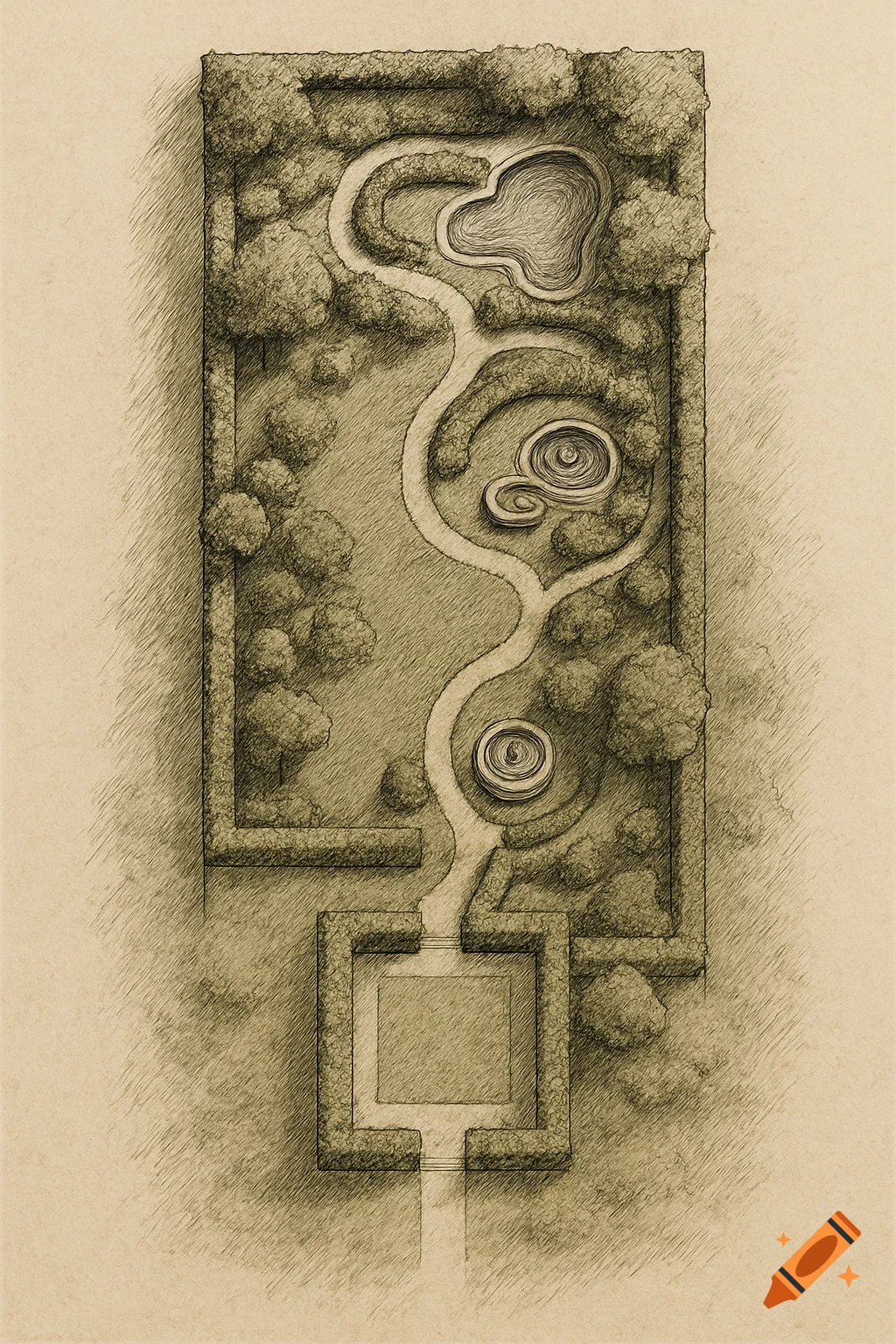 Overhead sketch of a landscape plan featuring winding paths, trees, a pond, and a square courtyard, rendered in sepia tones.