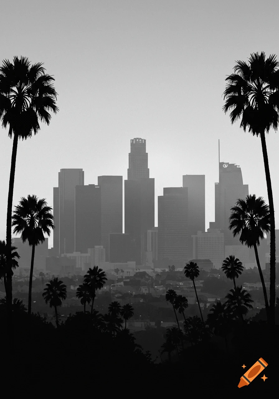 Black and white photorealistic image of the Los Angeles skyline at dawn, framed by silhouetted palm trees.