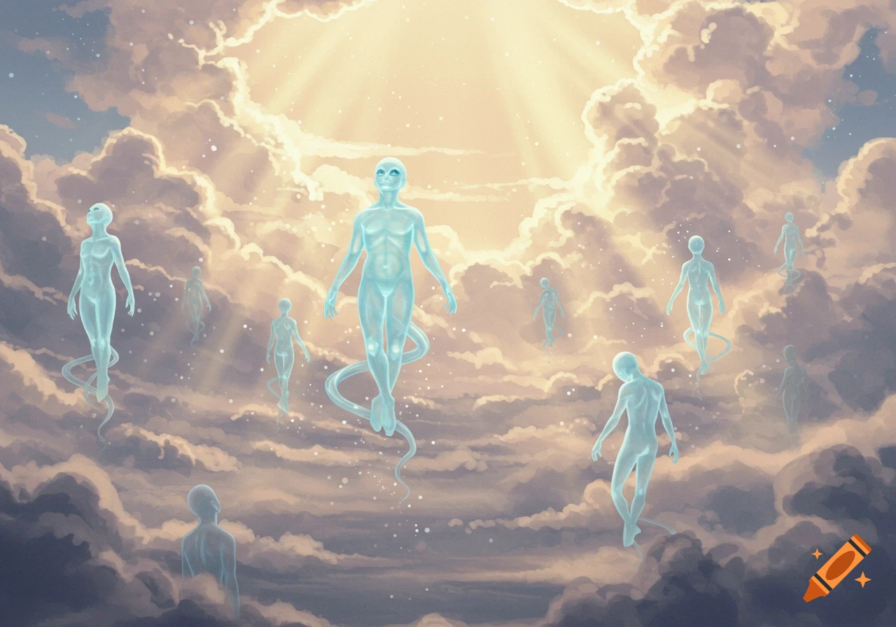 Translucent alien spirits ascend through sunlit clouds towards a bright light in the sky, in a fantasy art style.