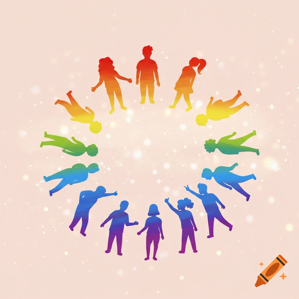 Rainbow-colored silhouettes of diverse people forming a circle on a sparkling pink background, illustration.