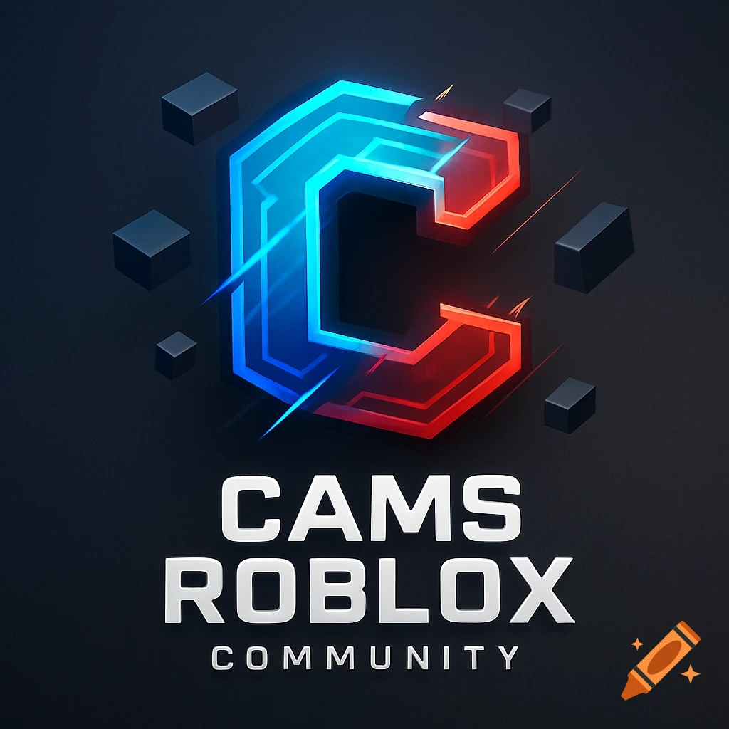 A logo with a stylized letter C in blue and red, surrounded by dark cubes, with the text "CAMS ROBLOX COMMUNITY" below.