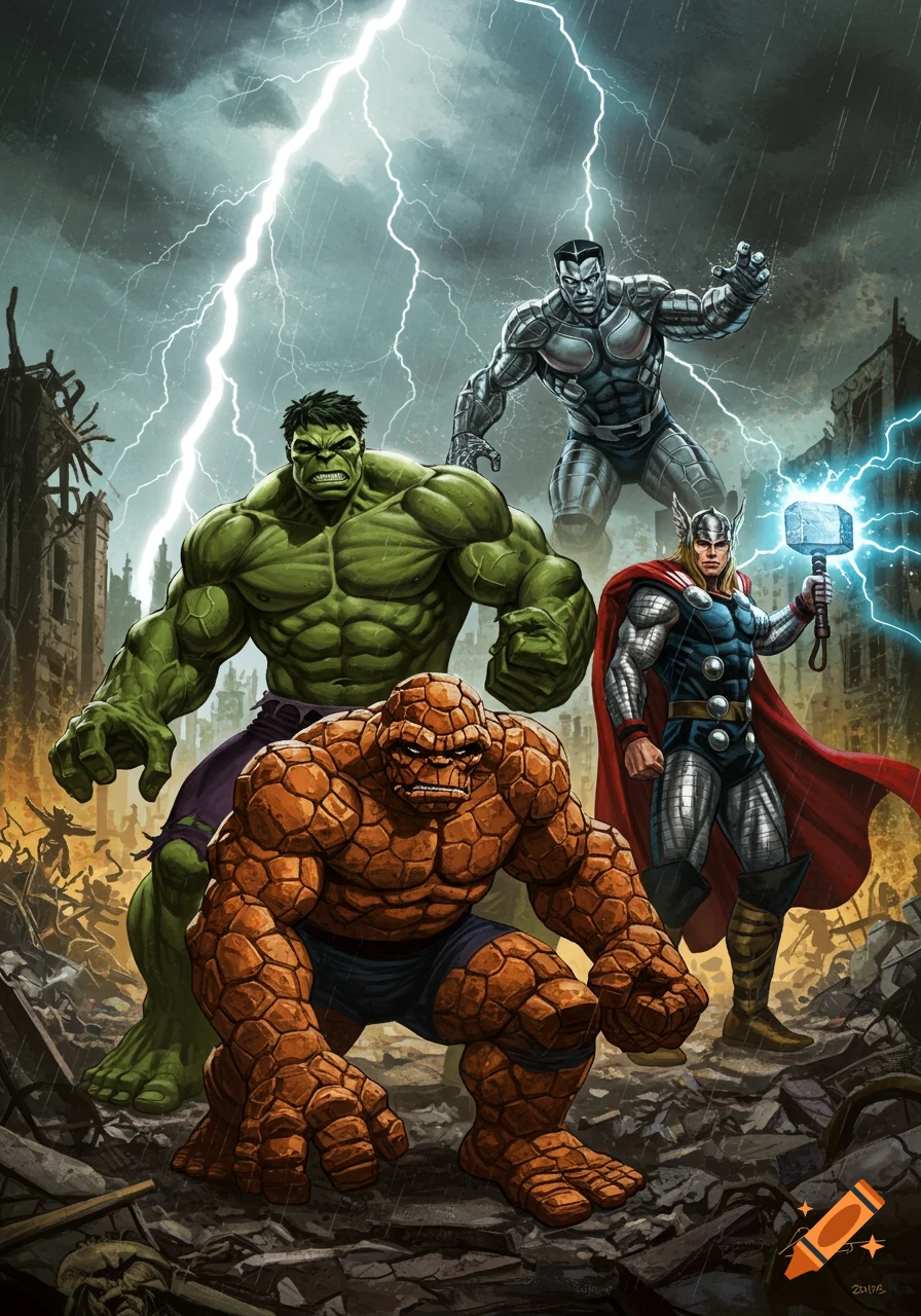 A colorful comic art illustration of The Thing, Hulk, Thor, and Colossus standing amidst a stormy, destroyed city with lightning.