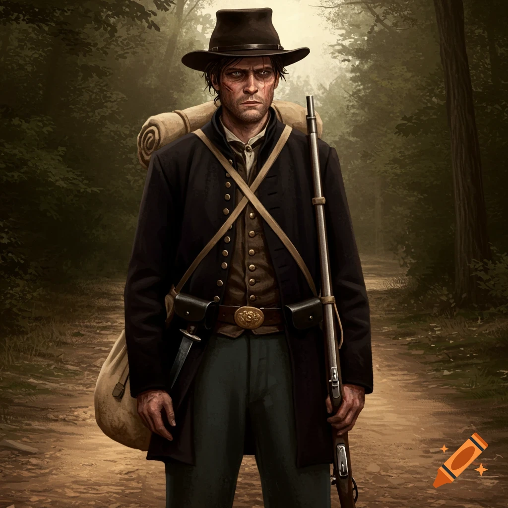 A photorealistic illustration of a Civil War soldier with facial scars, standing on a dirt road in a forest, holding a rifle and carrying a napsack.