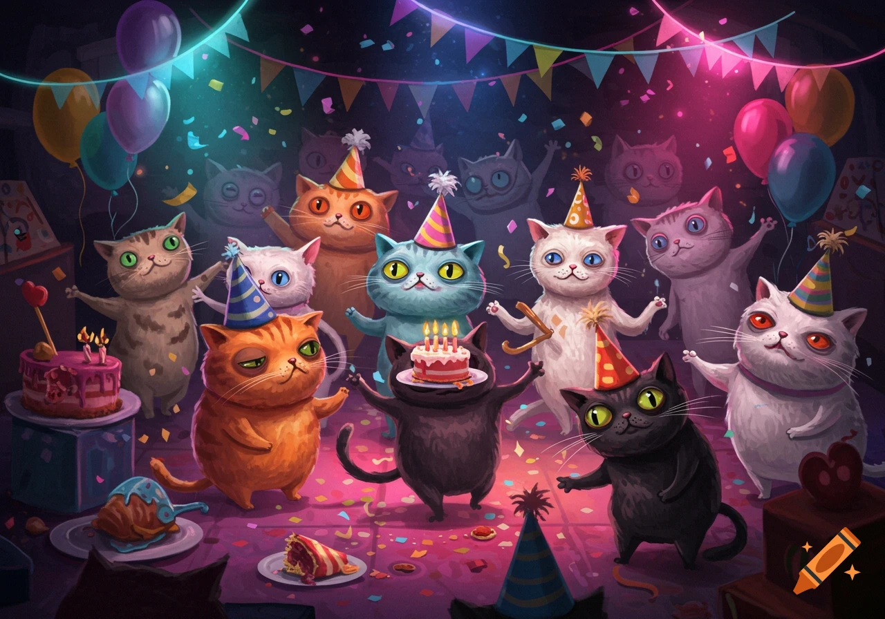 Vibrant cartoon illustration of a group of expressive cats celebrating a birthday party with confetti, balloons, and cake.