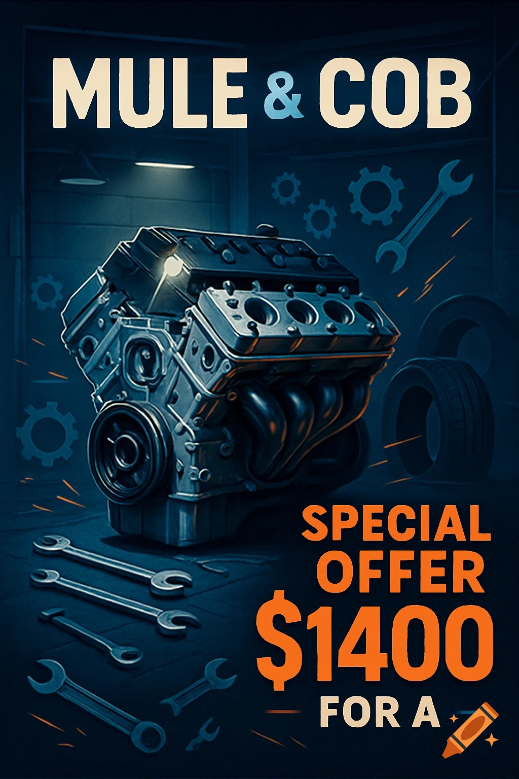 A promotional poster for 'MULE & COB' featuring a detailed car engine, wrenches, and the text 'Special Offer $1400'.
