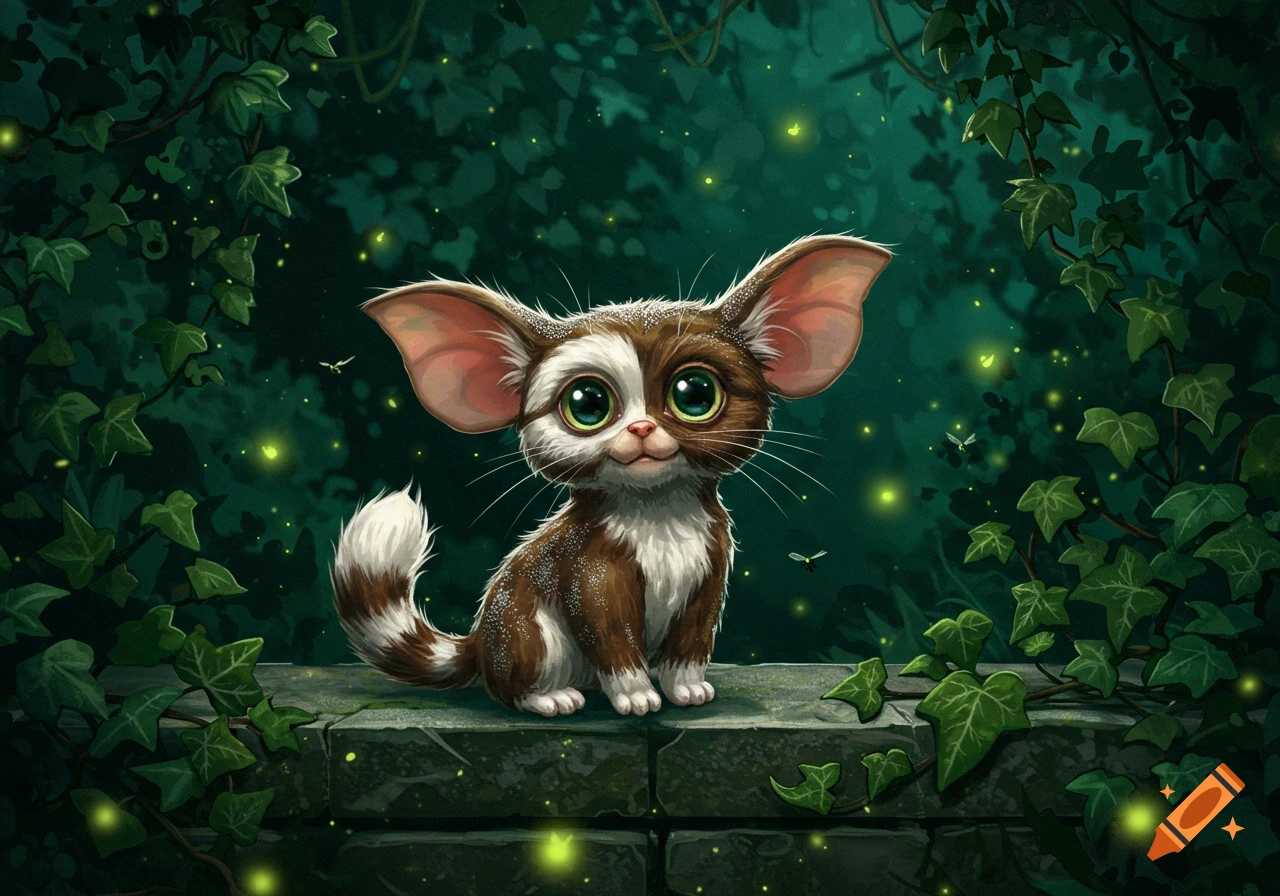 A cute, big-eared, brown and white creature with green eyes sits on a stone wall in a dark forest with glowing fireflies and ivy.