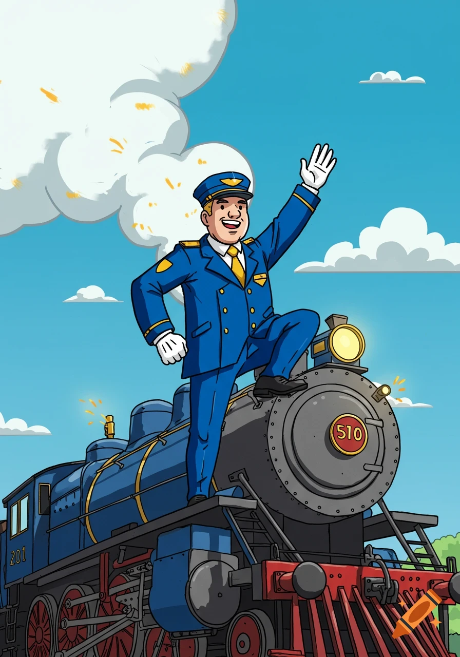 A cartoon train conductor in a blue uniform stands on top of a blue train, waving his hand.