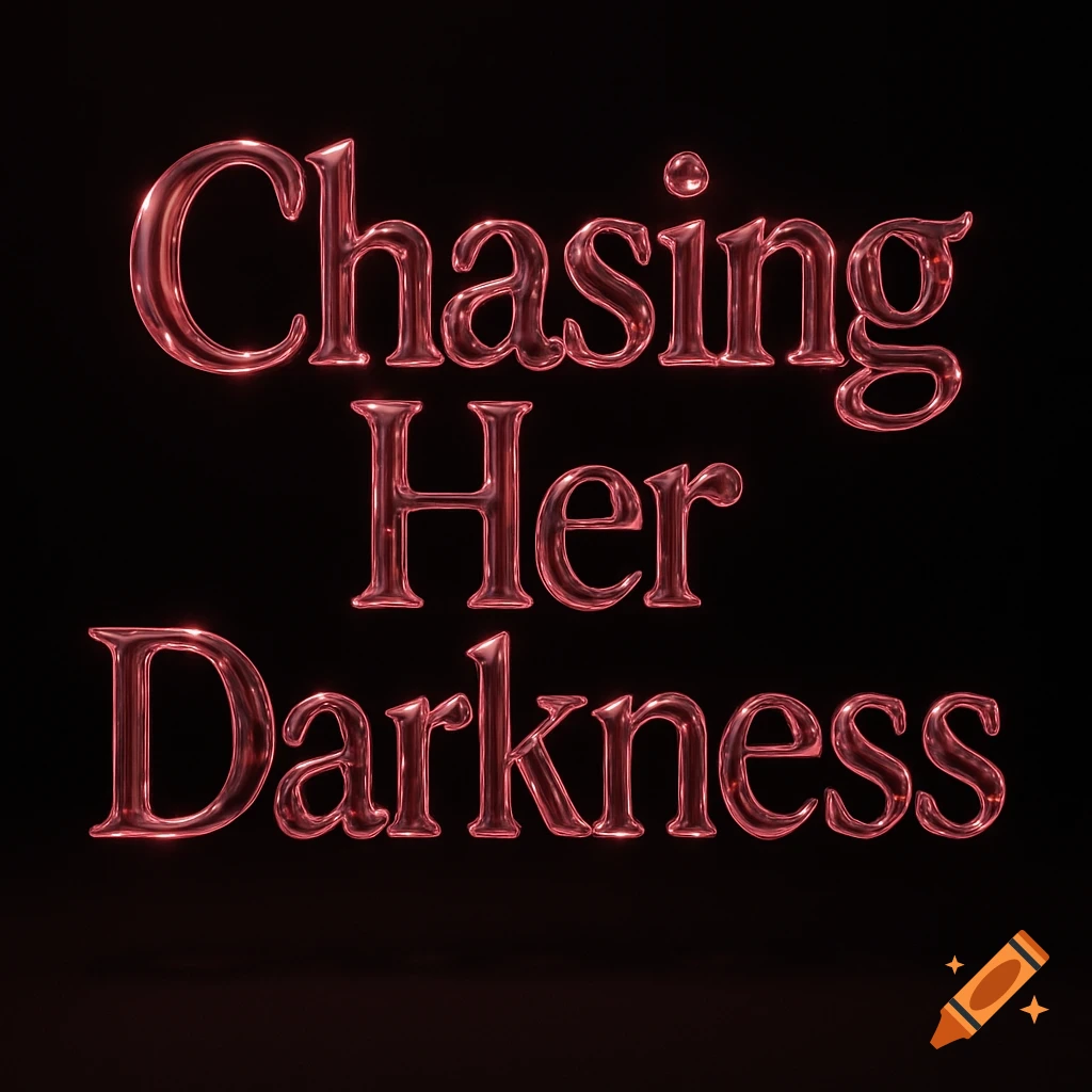 Pink glass-like 3D text spelling 'Chasing Her Darkness' on a black background.