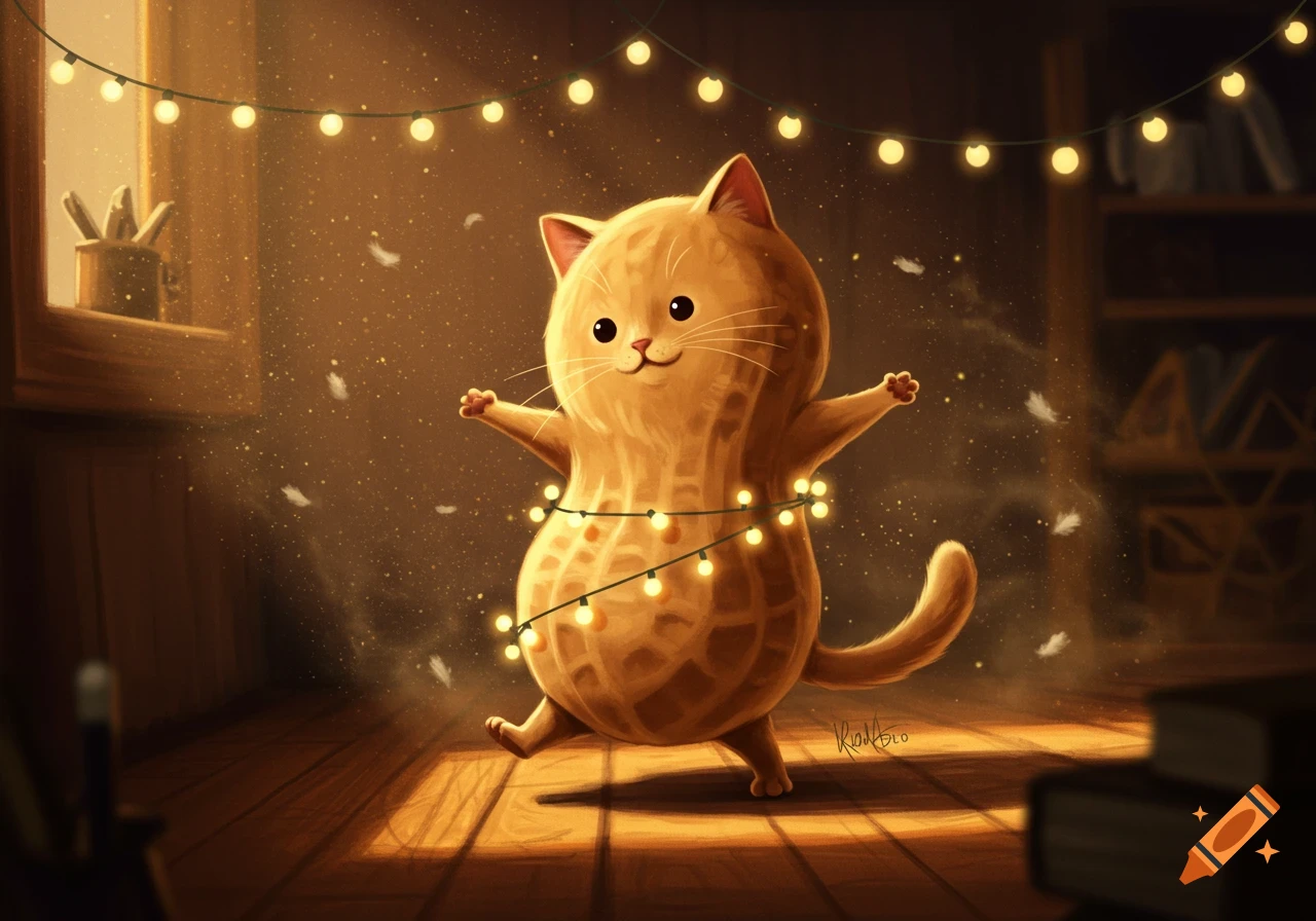 A happy, peanut-shaped cat with string lights wrapped around it dances on a wooden floor in a cozy, sunlit room.