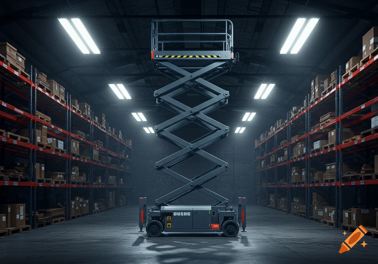 A photorealistic scissor lift stands centered in a dark warehouse with illuminated racks of boxes.