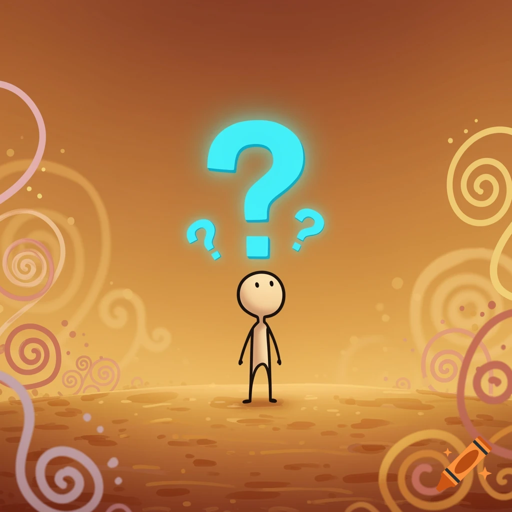 A cartoon stick figure character stands in an abstract landscape with glowing blue question marks floating above its head, conveying confusion.