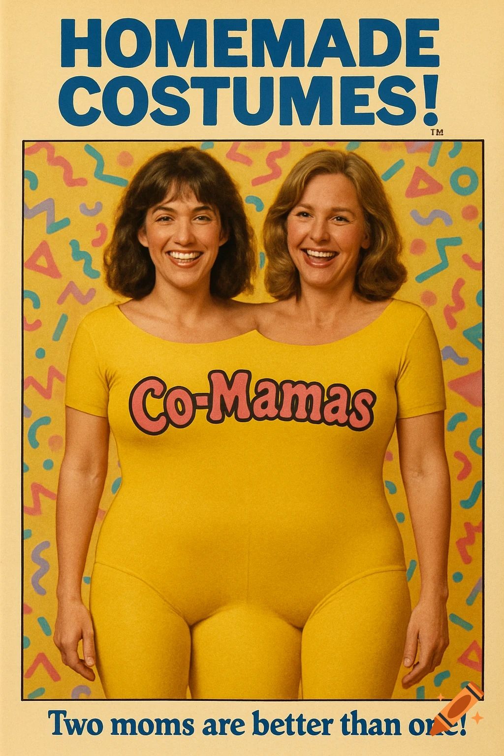 A retro ad for homemade costumes showing two women conjoined in a yellow 'Co-Mamas' leotard.