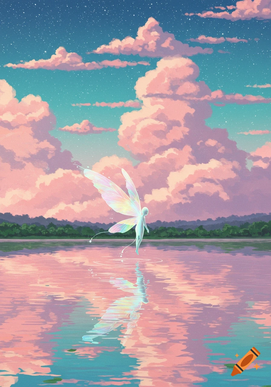 An ethereal fairy with iridescent wings hovers over a calm lake reflecting pink clouds and a starry sky, with a dark forest in the background.