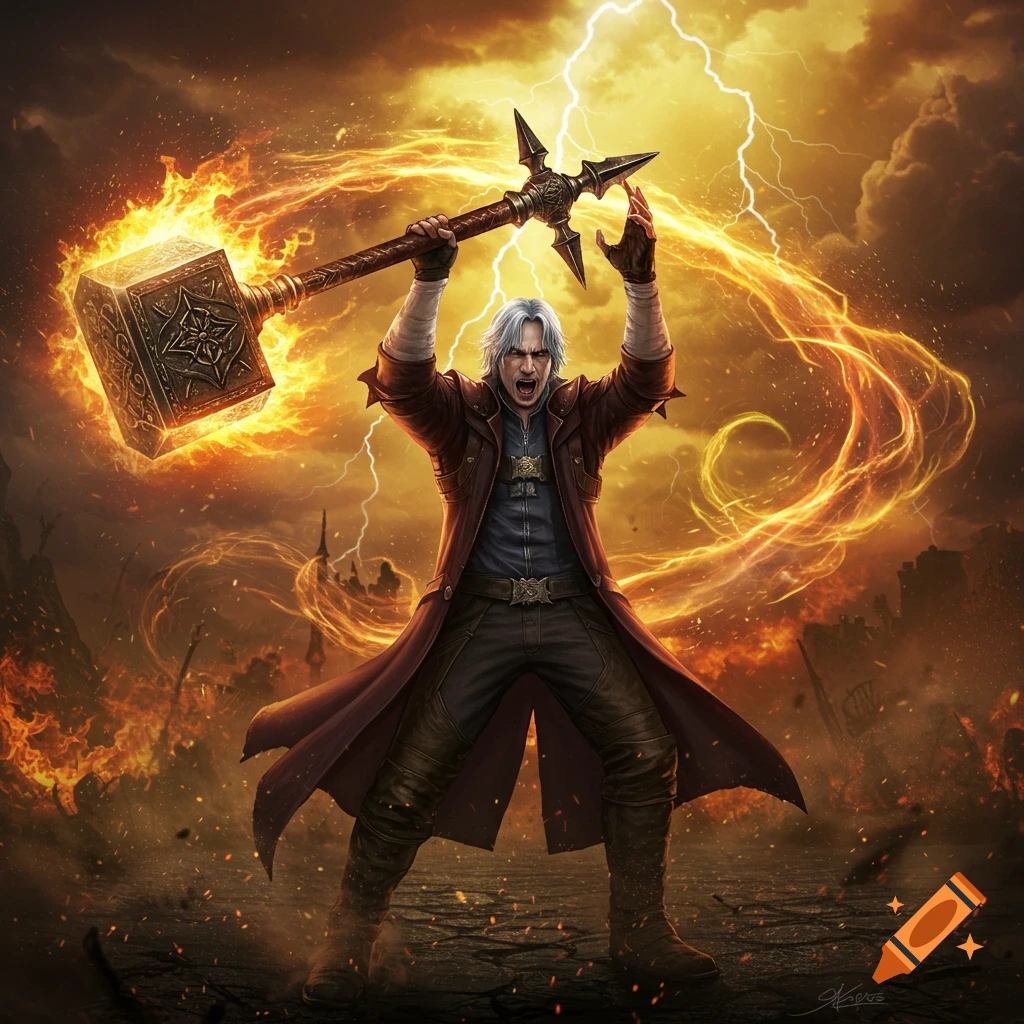 Dante, a white-haired man in a red coat, raises a flaming hammer under a stormy sky with lightning and fire.