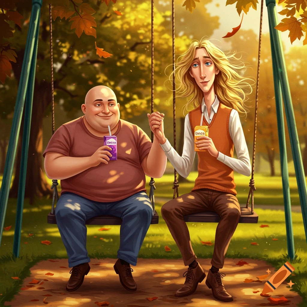 An illustration of a bald man and a tall man with long blonde hair on a swing set, holding hands and drinking juice.