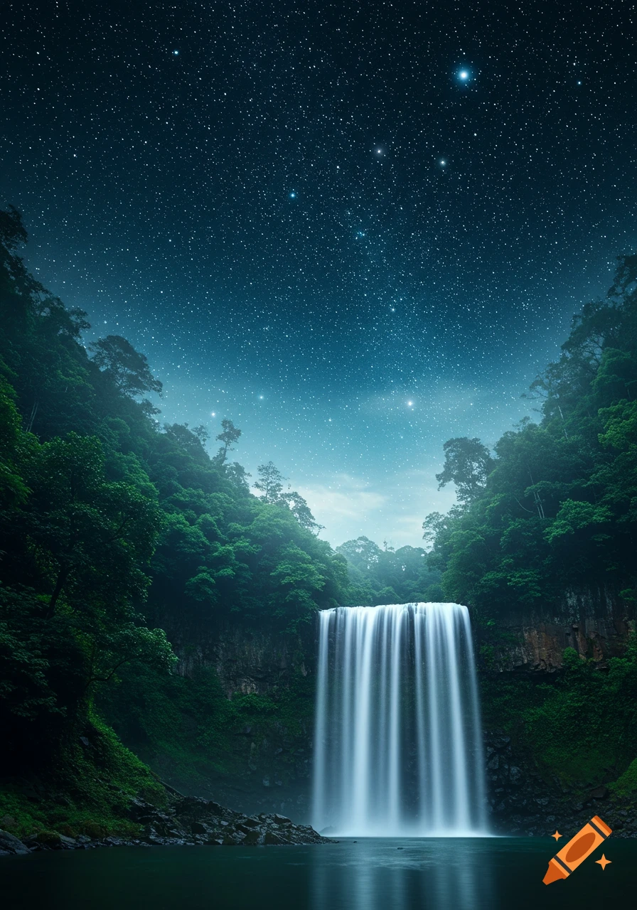 A lush green forest with a wide waterfall flowing into a calm lake under a starry night sky.