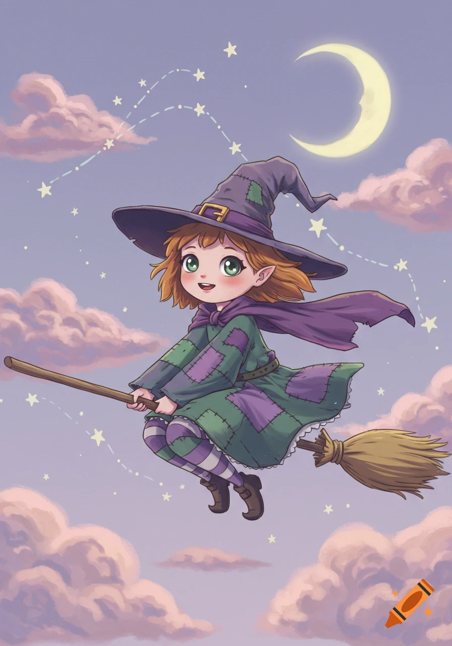 A cute, cartoon witch with ginger hair, green eyes, and a patched purple and green dress flies on a broomstick under a crescent moon.
