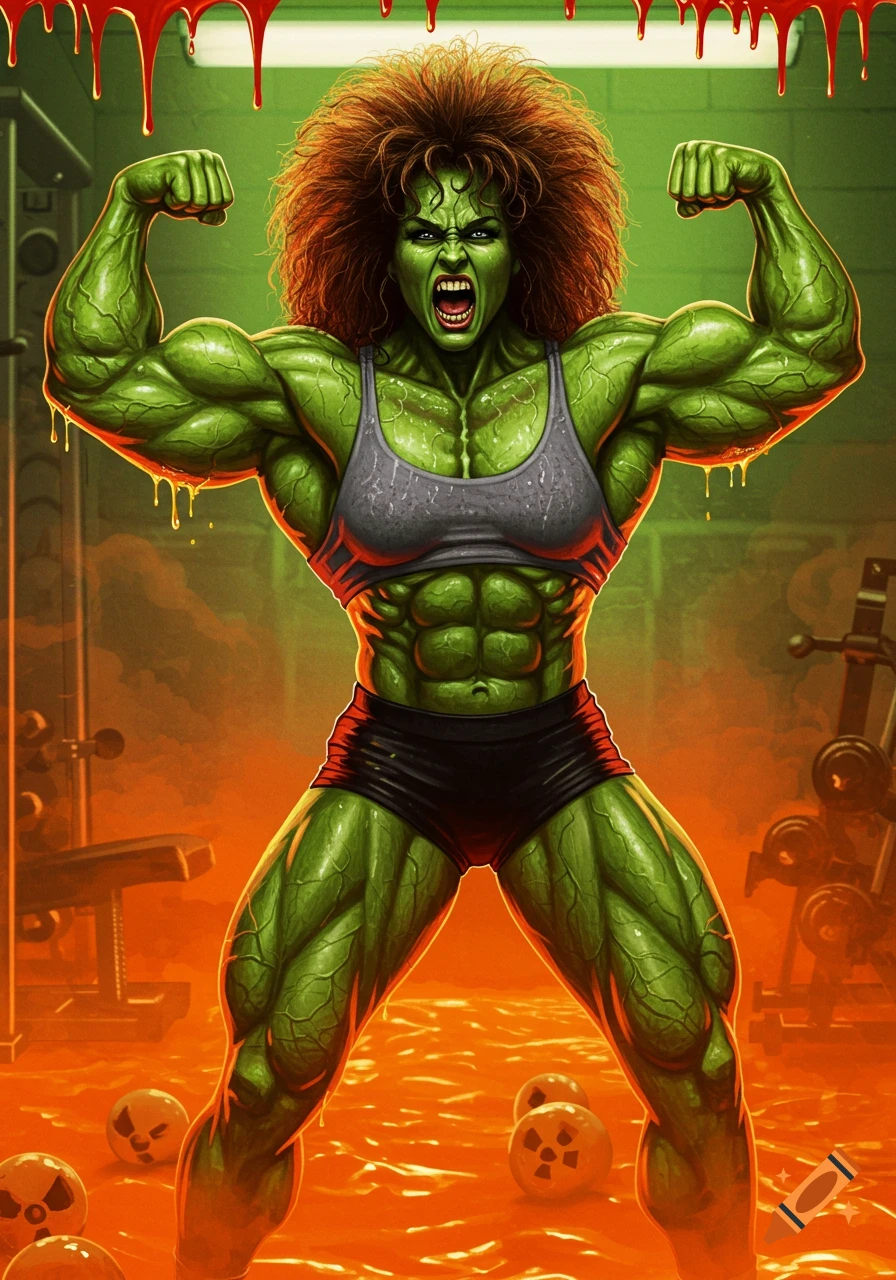 A muscular, green-skinned female bodybuilder with voluminous hair screams while flexing her biceps in a gym with orange goo and red drips.