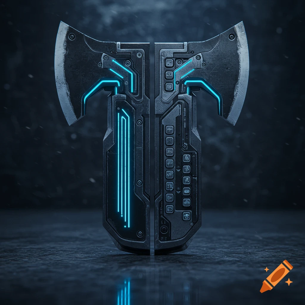 A dark, futuristic double-sided axe with glowing blue lines and buttons, reflecting on a dark surface.