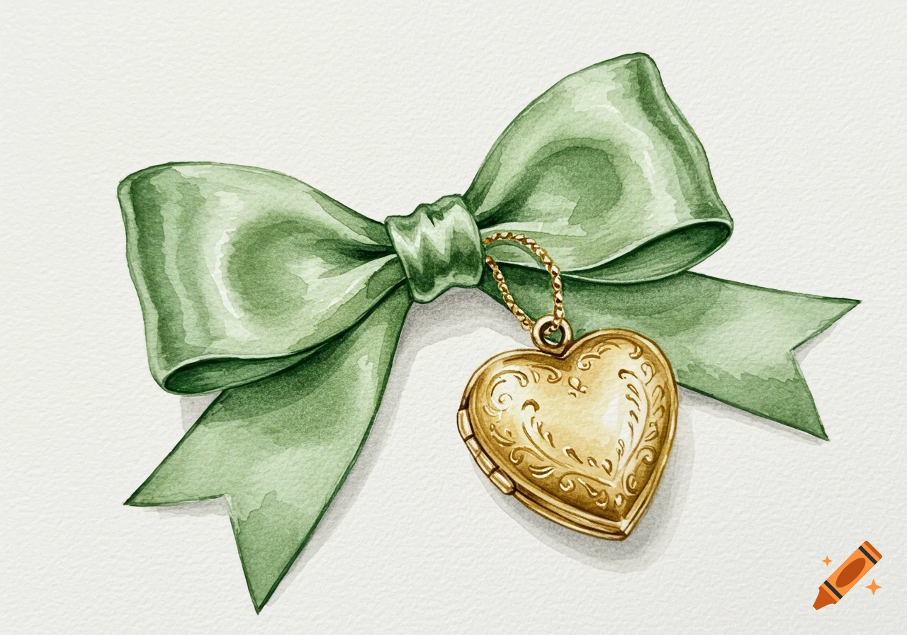 Watercolor illustration of a sage green bow with a detailed gold heart locket hanging from its knot on a light background.